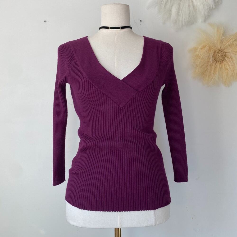 Apostrophe Womens Y2K Ribbed Knit Fitted Sweater Size‎ M Preppy Vneck Twee Fairy